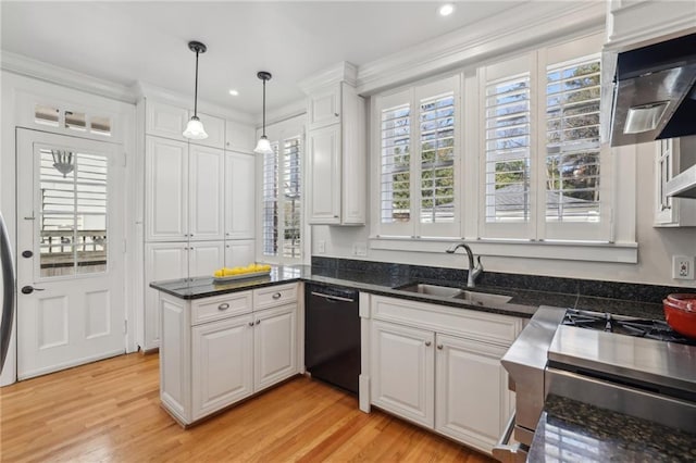 kitchen with black dishwasher, white cabinetry, a sink, and light wood-style flooring