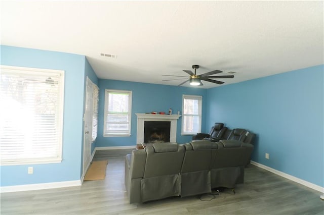 living room with ceiling fan and hardwood / wood-style flooring