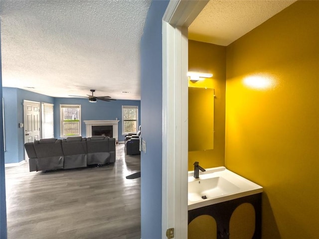 bathroom with a textured ceiling, a fireplace, a sink, and wood finished floors