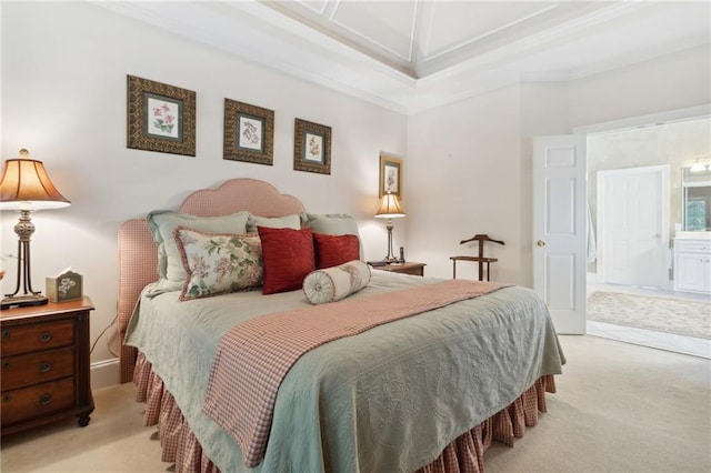 bedroom with light colored carpet and ornamental molding