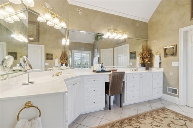 bathroom featuring vanity, high vaulted ceiling, ornamental molding, and tile patterned floors