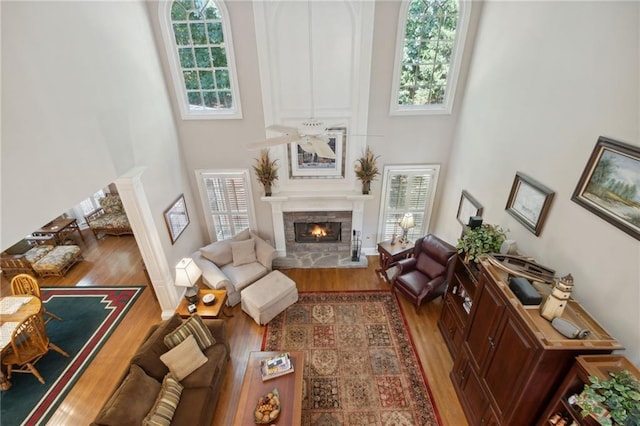 living room featuring wood-type flooring, a stone fireplace, and a wealth of natural light