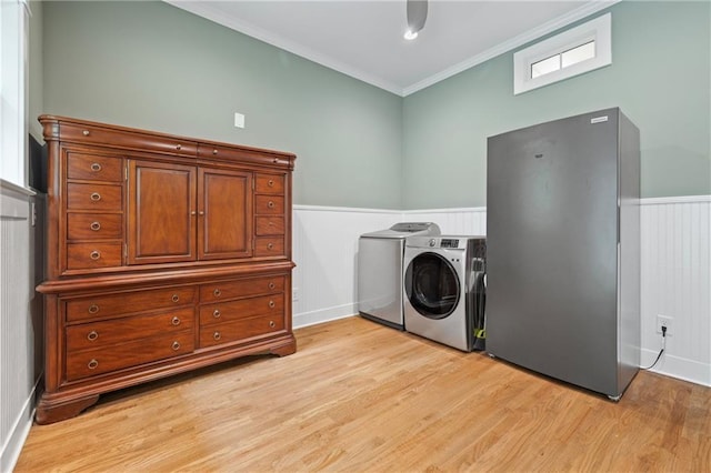 315 W Ave, Cartersville, GA 30120 - washroom featuring independent washer and dryer, light wood-style flooring, a wainscoted wall, and ornamental molding