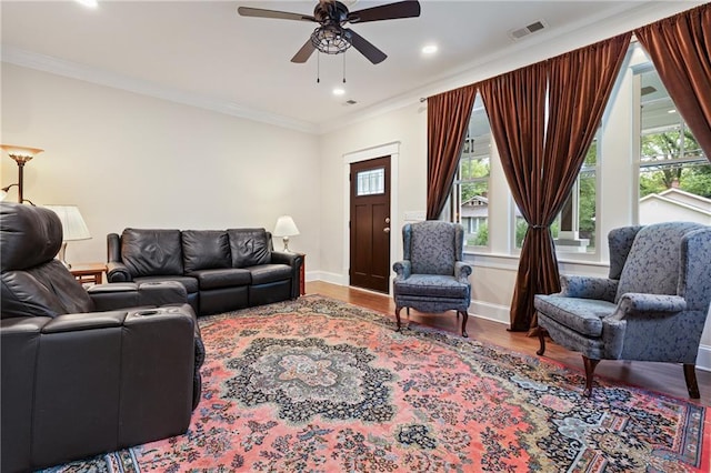 315 W Ave, Cartersville, GA 30120 - living room featuring wood finished floors, baseboards, ceiling fan, ornamental molding, and recessed lighting