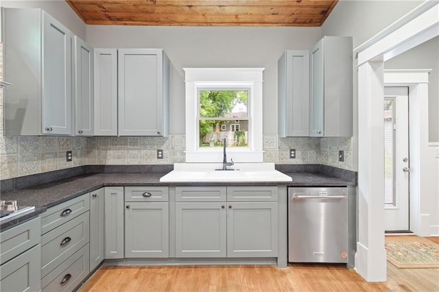 315 W Ave, Cartersville, GA 30120 - kitchen with stainless steel dishwasher, wooden ceiling, a sink, light wood-style flooring, and backsplash