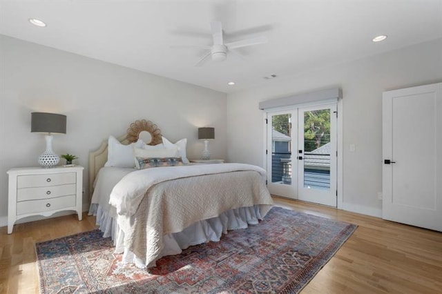 bedroom featuring ceiling fan, access to outside, french doors, and light wood-type flooring