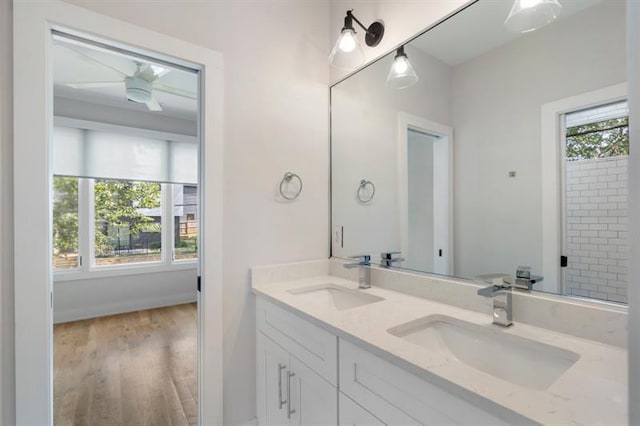 bathroom with a healthy amount of sunlight, vanity, and hardwood / wood-style flooring