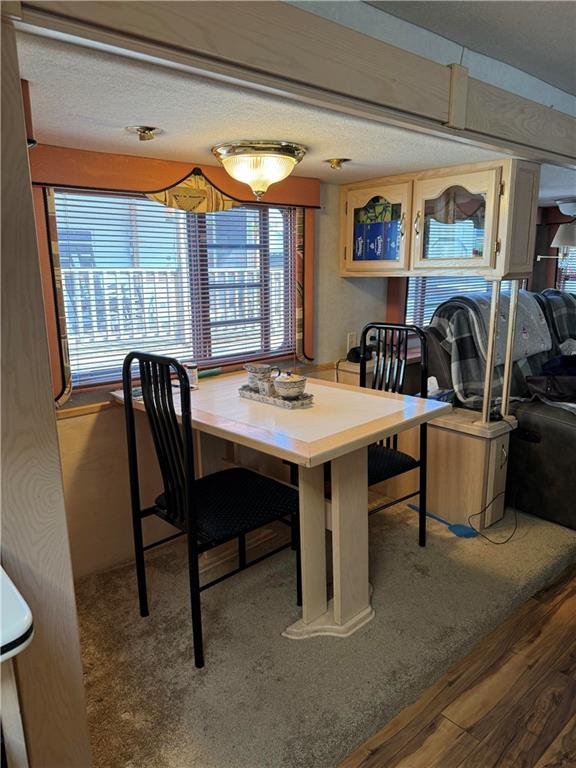 dining area featuring carpet and a textured ceiling