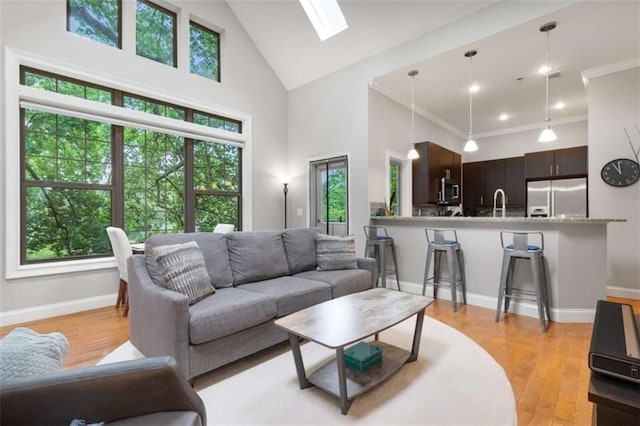 1903 Anjaco Rd Unit 5, Atlanta, GA 30309 - living room with baseboards, a skylight, high vaulted ceiling, light wood-style floors, and crown molding
