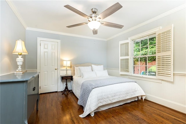 2197 Fairway Cir NE, Brookhaven, GA 30319 - bedroom with crown molding, wood finished floors, a wainscoted wall, and ceiling fan