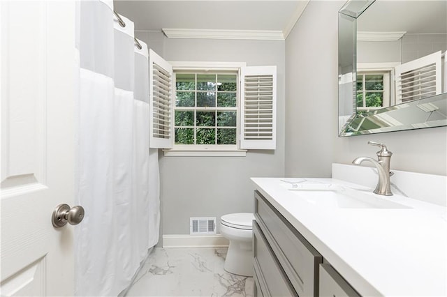 2197 Fairway Cir NE, Brookhaven, GA 30319 - bathroom featuring marble look tiles, vanity, crown molding, baseboards, and toilet