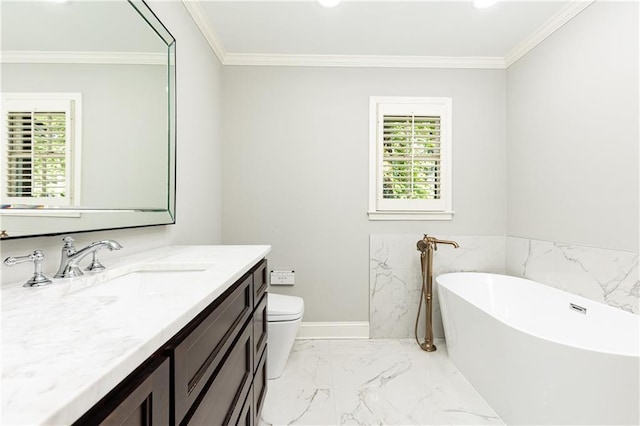 2197 Fairway Cir NE, Brookhaven, GA 30319 - full bathroom featuring marble look tile flooring, a freestanding tub, vanity, crown molding, and toilet