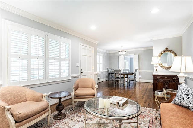 2197 Fairway Cir NE, Brookhaven, GA 30319 - living area featuring dark wood finished floors, ornamental molding, recessed lighting, and baseboards