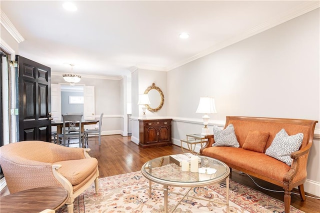 2197 Fairway Cir NE, Brookhaven, GA 30319 - living area featuring wood finished floors, baseboards, crown molding, and recessed lighting