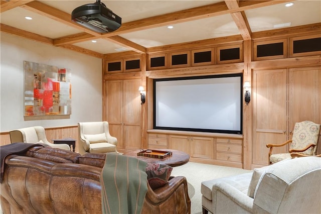 home theater room with carpet floors, beamed ceiling, and coffered ceiling