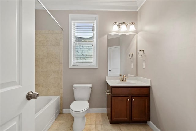 full bathroom with shower / bathing tub combination, vanity, ornamental molding, toilet, and tile patterned floors