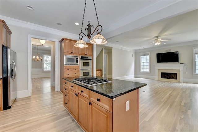 kitchen with ornamental molding, appliances with stainless steel finishes, a fireplace, and light wood-style floors