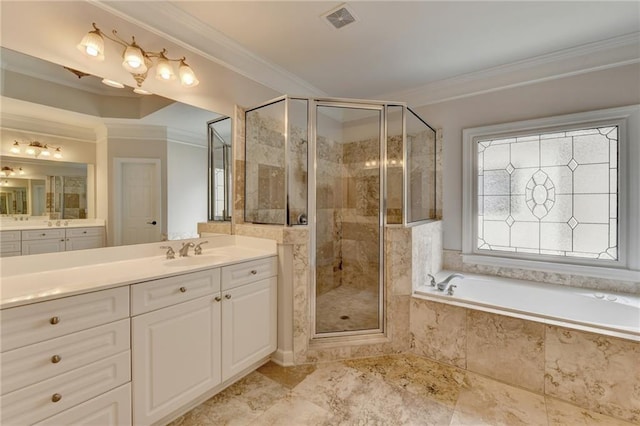 full bathroom with a stall shower, a garden tub, visible vents, and crown molding