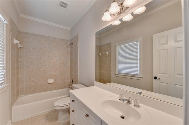 bathroom with crown molding, visible vents, toilet, washtub / shower combination, and tile patterned flooring