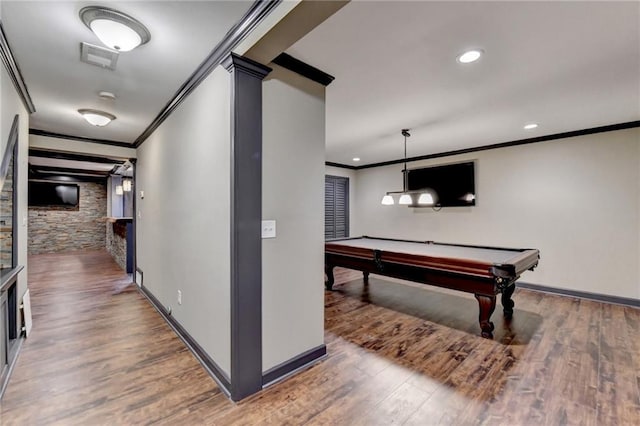 game room with recessed lighting, pool table, wood finished floors, baseboards, and ornamental molding