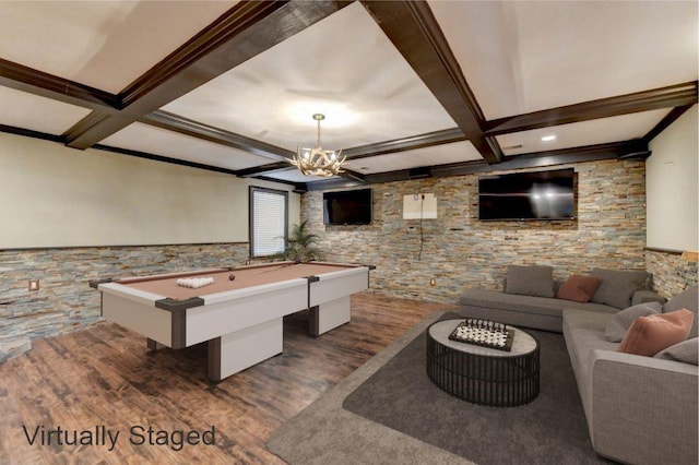 playroom with pool table, wainscoting, wood finished floors, coffered ceiling, and beamed ceiling