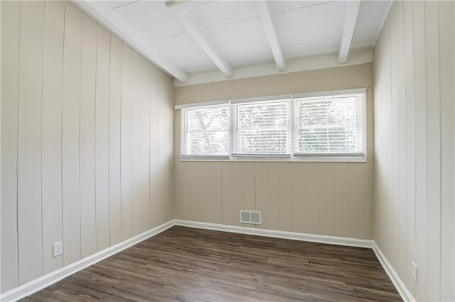 unfurnished room with beam ceiling, baseboards, visible vents, and dark wood-style flooring