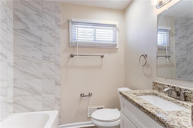 full bath featuring visible vents, toilet, bathtub / shower combination, and vanity