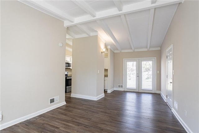 interior space with visible vents, dark wood-type flooring, baseboards, lofted ceiling with beams, and french doors