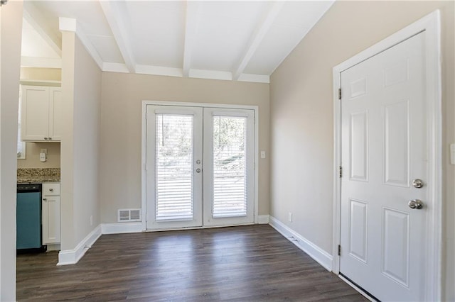 doorway featuring dark wood finished floors, beamed ceiling, french doors, and visible vents