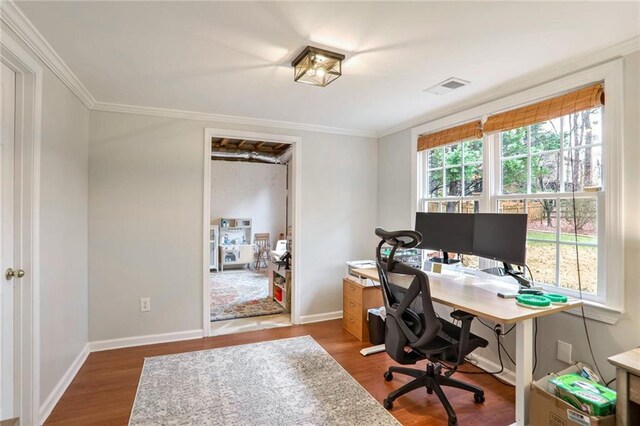 office with crown molding and dark hardwood / wood-style floors