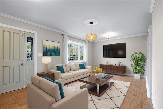 living room with light wood-type flooring and crown molding