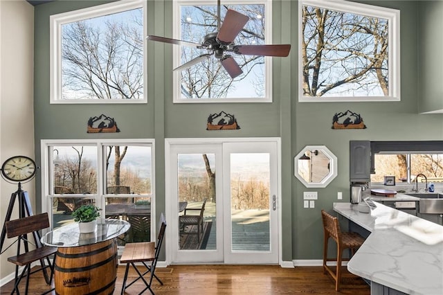 interior space featuring sink, hardwood / wood-style floors, a wealth of natural light, and ceiling fan