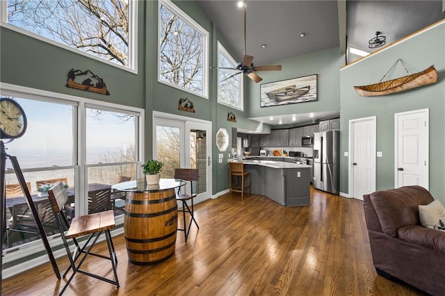 interior space featuring appliances with stainless steel finishes, a water view, dark wood finished floors, and gray cabinetry