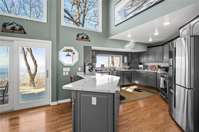 kitchen featuring hardwood / wood-style flooring, stainless steel appliances, and gray cabinets