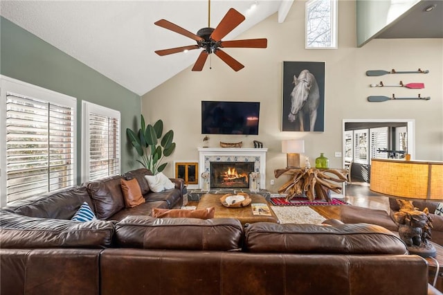 living area featuring a tiled fireplace, high vaulted ceiling, and plenty of natural light