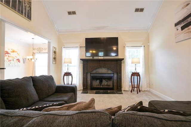 401 Oscar Way, Dallas, GA 30132 - living room featuring ornamental molding, carpet floors, a chandelier, and a fireplace with flush hearth
