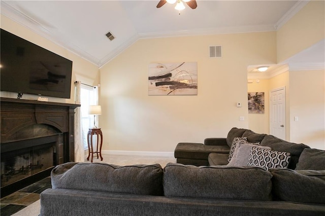 401 Oscar Way, Dallas, GA 30132 - living room featuring ceiling fan, ornamental molding, a fireplace, and vaulted ceiling