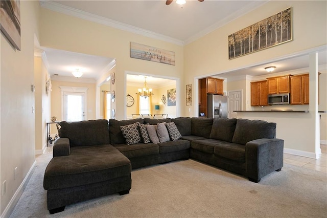 401 Oscar Way, Dallas, GA 30132 - living room featuring ornamental molding, a chandelier, light colored carpet, and ceiling fan