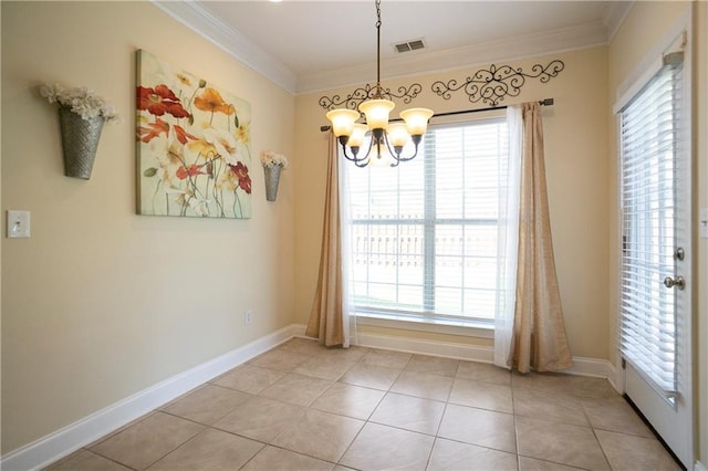401 Oscar Way, Dallas, GA 30132 - unfurnished dining area featuring a chandelier, crown molding, plenty of natural light, and light tile patterned floors