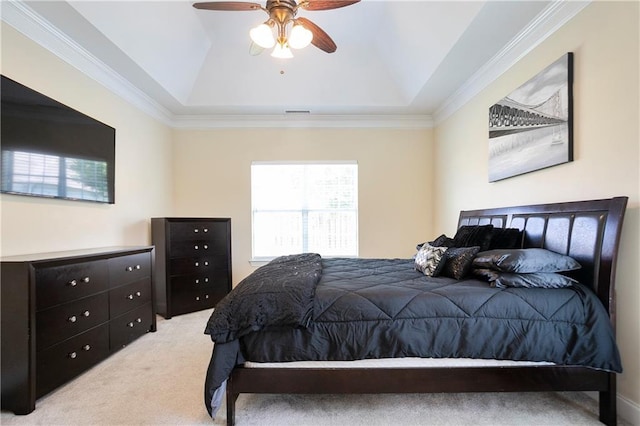 401 Oscar Way, Dallas, GA 30132 - bedroom featuring multiple windows, light carpet, a tray ceiling, ornamental molding, and ceiling fan