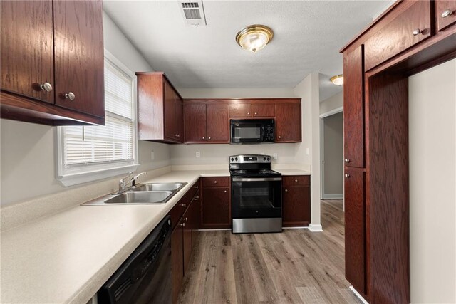 kitchen with light wood-style floors, a wealth of natural light, a sink, and black appliances