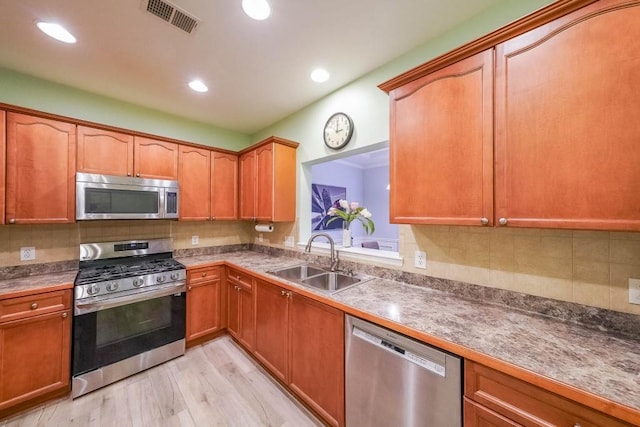 kitchen with a sink, stainless steel appliances, visible vents, and decorative backsplash