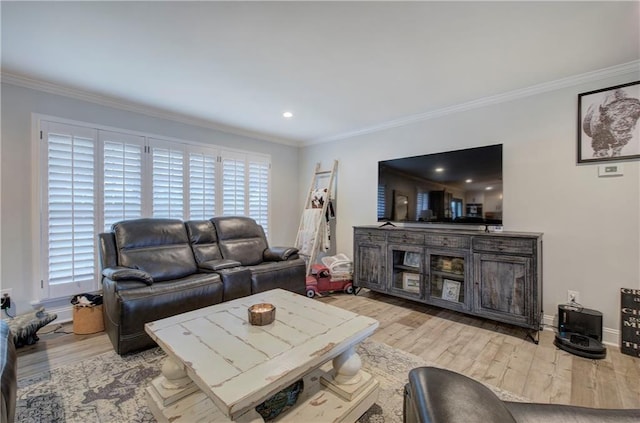 living area with crown molding, recessed lighting, and wood finished floors