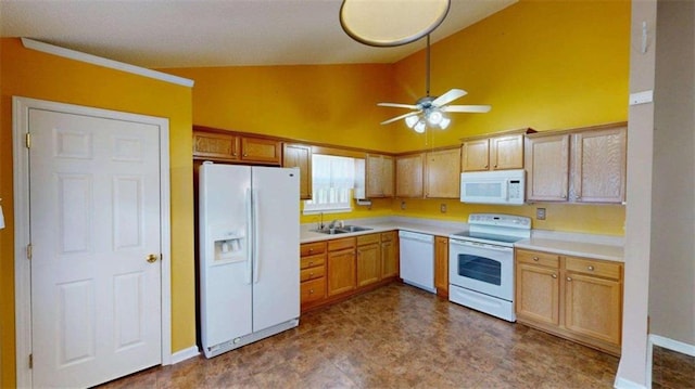 210 Overview Ct, Villa Rica, GA 30180 - kitchen featuring white appliances, light countertops, ceiling fan, high vaulted ceiling, and a sink
