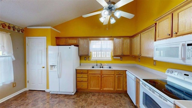 210 Overview Ct, Villa Rica, GA 30180 - kitchen featuring white appliances, a sink, vaulted ceiling, a ceiling fan, and light countertops