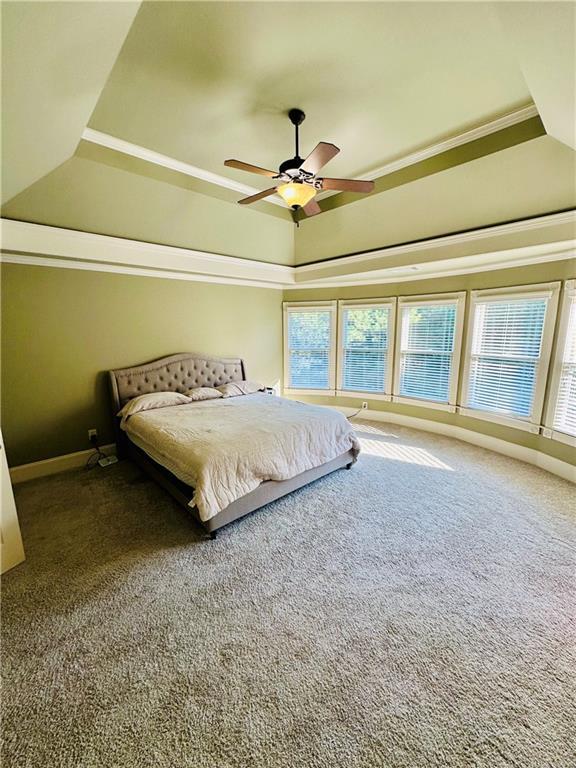 unfurnished bedroom with a tray ceiling, baseboards, carpet, and a ceiling fan