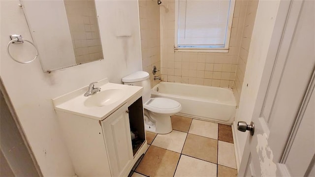 full bathroom with vanity, toilet, tiled shower / bath combo, and tile patterned flooring