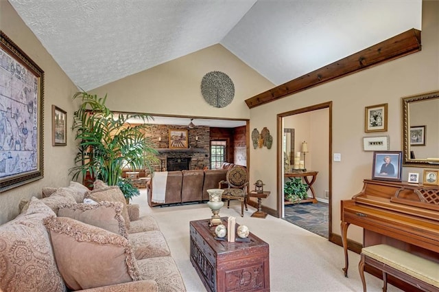 carpeted living room featuring vaulted ceiling, a fireplace, and a textured ceiling