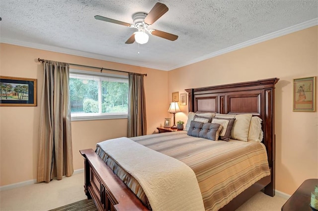 bedroom featuring a textured ceiling, crown molding, ceiling fan, and light carpet