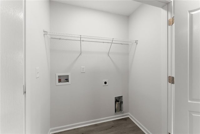 124 Oakmont Dr, Dawsonville, GA 30534 - laundry area with electric dryer hookup, hookup for a washing machine, dark wood-type flooring, and baseboards